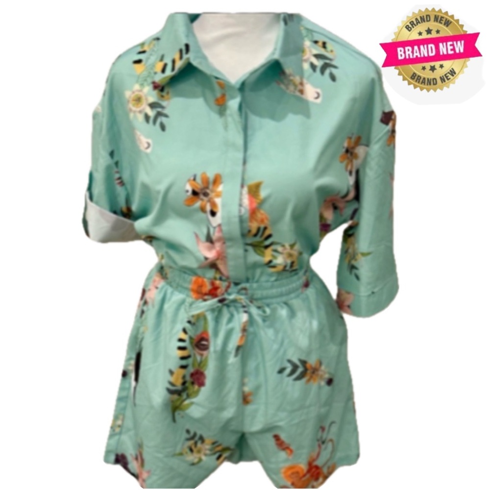 🔵 PJ Shorts Set Floral Print Teal